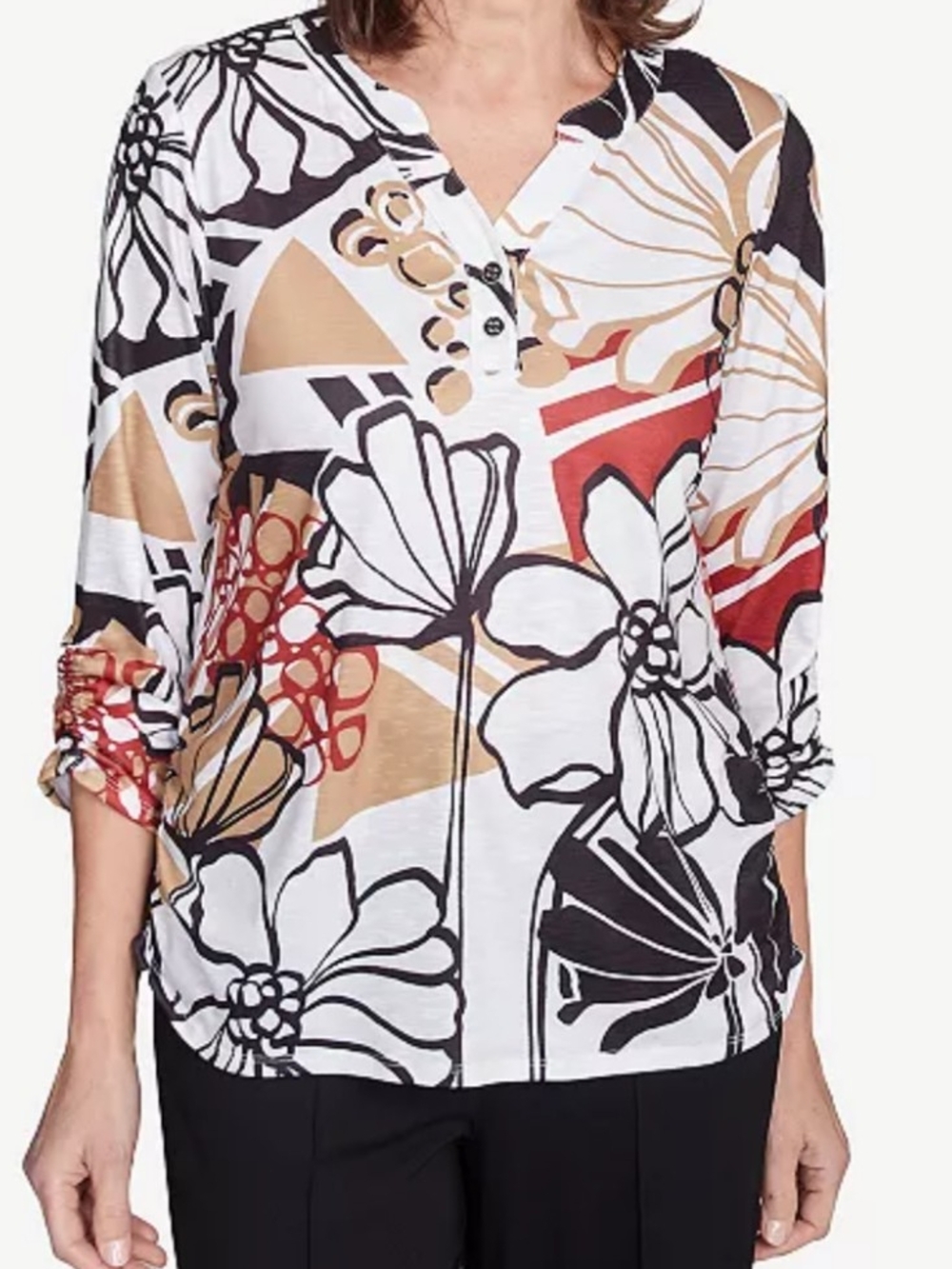 Alfred Dunner White Multi Floral Henley Tunic